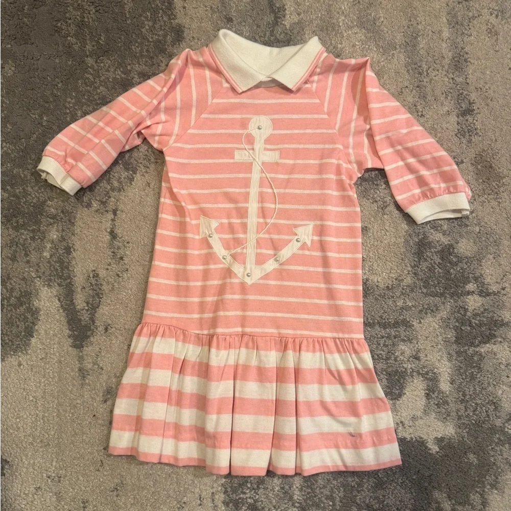 Girls Pink Striped Dress with Anchor Design